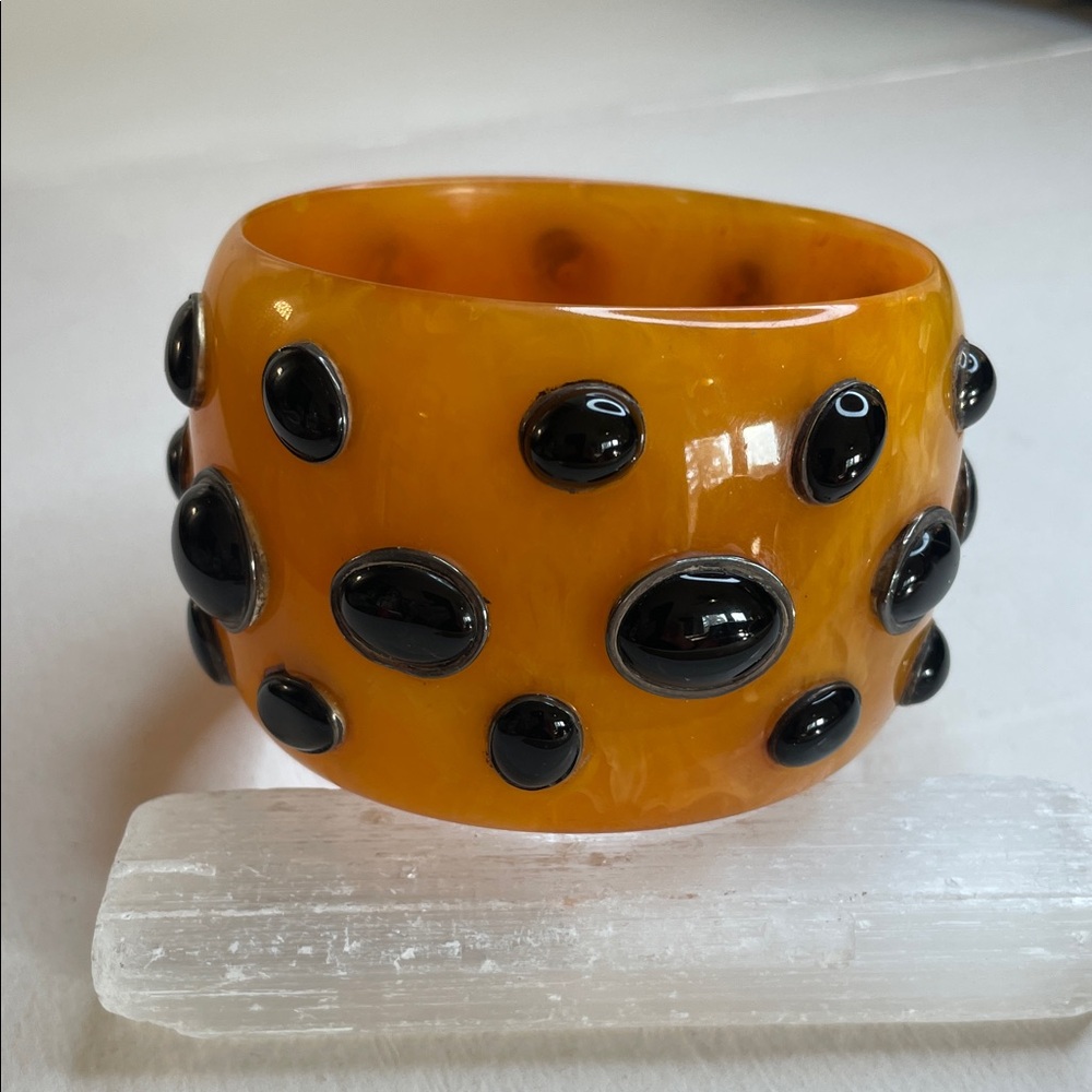 1950's Vintage Orange Resin 3D Black Dots Bangle Bracelet